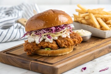 Crispy Fried Chicken Sandwich with Coleslaw and Fries on Wooden Board