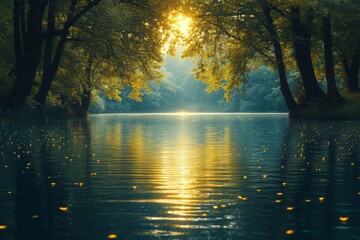 Obraz premium Sunrise Reflection Over Serene River Nature Landscape Early Morning Calm Peaceful View