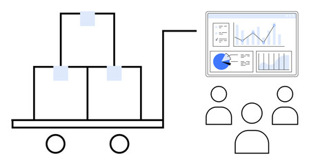 Trolley loaded with boxes next to digital charts displaying shipment metrics, analyzed by four individuals. Ideal for logistics, teamwork, freight, data analysis, supply chain, monitoring, simple
