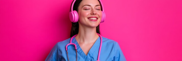 Smiling nurse with pink headphones: finding moments of peace medical professional listening to music against a bright pink background for stress relief 