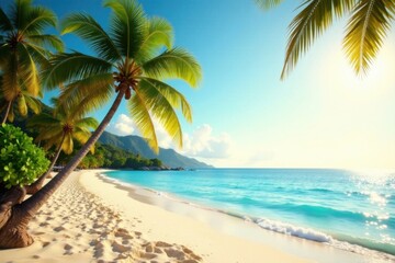 Obraz premium Palm trees swaying gently in warm ocean breeze, ocean, vintage flair