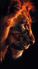 Naklejka premium Majestic gaze of a lion, illuminated in fiery hues against darkness