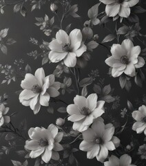 Subtle charcoal floral wallpaper, delicate blooms  , vintage, illustration, retro