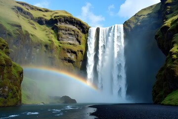 Fototapeta premium A waterfall plunging into a deep canyon with a rainbow