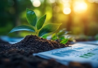 Young Plant Sprout Growing in Soil with Financial Charts Representing Growth and Investment in