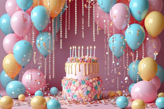 Enchanting Birthday Decor Featuring Pastel Balloons and Sequin Cascade Vector Design