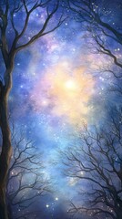 Ethereal Night Sky with Starry Background and Silhouetted Trees