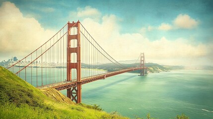 Fototapeta premium Majestic Golden Gate Bridge Surrounded by Vibrant Landscape and Bay