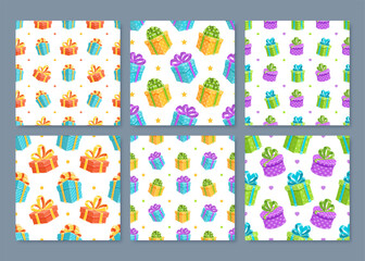 Cartoon gift box seamless pattern with colorful presents and ribbons. Includes festive bows for holiday and birthday celebration. Ideal for vibrant themed set.