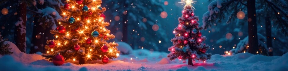 Obraz premium Radiant Christmas Tree in Vibrant Winter Wonderland with Dazzling Lights and Colorful Baubles, ornaments, decorations