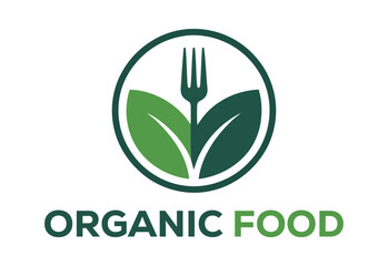 Green Organic Food Logo with Fork and Leaves vector illustration
