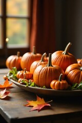 Pumpkin patch on wooden table with fall leaves and candles, warm light, candles, fall leaves