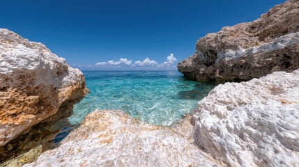 Serene coastal cove crystal clear water framed by rocks