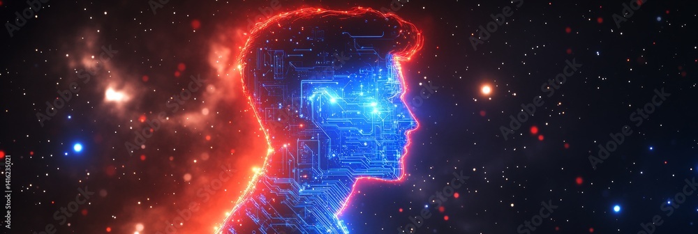 Poster man of the future: digital profile with glowing circuitry on a cosmic background