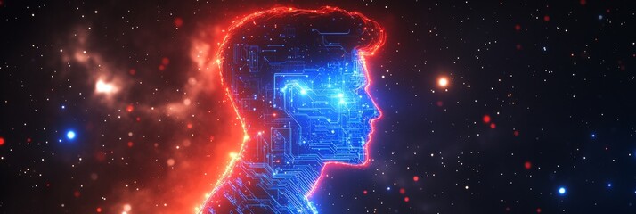 Obraz premium Man of the future: digital profile with glowing circuitry on a cosmic background 
