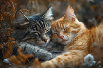 Cuddling Cats in Nature Pet Photography Cozy Close-Up View Warmth and Affection