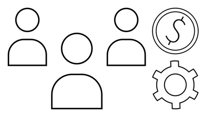 Abstract figures representing a team alongside money and gear icons, conveying teamwork, productivity, and financial success. Ideal for business, finance, strategy, economic growth, operations
