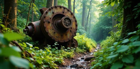 Rusted industrial machinery amidst overgrown vegetation, rusty, texture, grunge