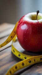 Close-up of a fresh red apple with a yellow measuring tape wrapped around it, symbolizing healthy eating, weight loss, and balanced nutrition on a wooden table

