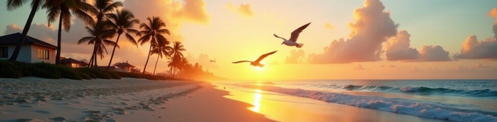 Naklejka premium Seagulls fly over palm trees on deserted sandy beach at dawn, weathered palm trunk, tropical landscape