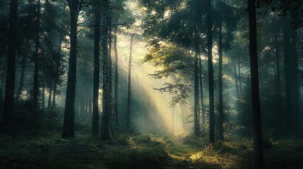 Fototapeta premium Misty forest path bathed in golden sunlight.