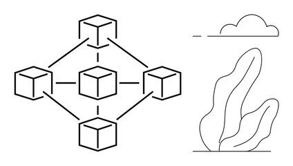 Interconnected cubes representing blockchain network, accompanied by abstract vegetation and cloud. Ideal for blockchain, technology, decentralization, innovation, networking, digital systems