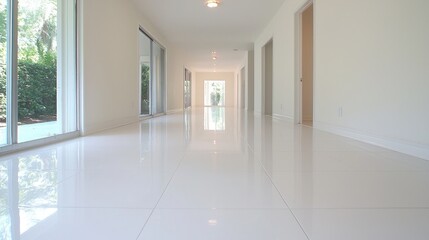 Obraz premium Bright, spacious hallway with polished white tile flooring