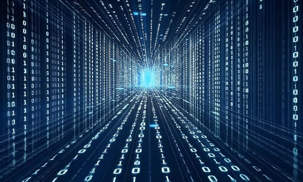 Abstract blue background with flowing lines made of binary code and data streams, representing digital technology and big data