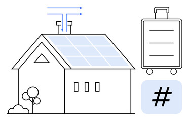 Solar-panel house with flow arrows, portable battery suitcase, and metadata tag symbol. Ideal for renewable energy, green living, modern technology, energy storage, innovation, future home simple