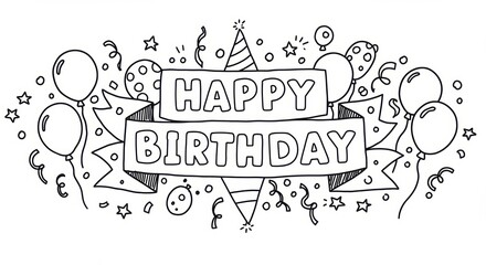 Hand drawn Happy Birthday greeting card with festive balloons, confetti, stars and ribbon design template for party celebration