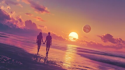 A couple holds hands, walking along a dreamy beach during a vibrant sunset with two celestial orbs illuminating the sky. Peaceful romance.