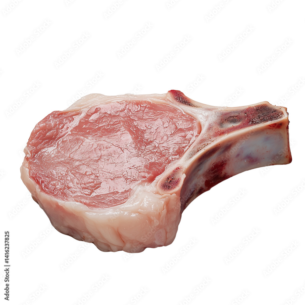Poster cross-section of a raw cut of meat showing marbling and texture details isolated on white background