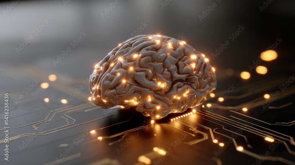 Poster a creative representation of a brain interwoven with circuitry, symbolizing the fusion of intelligen