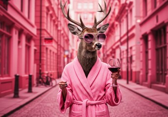 A stylish deer in a pink robe and sunglasses holding a glass of wine, strolling through a vibrant pink city street