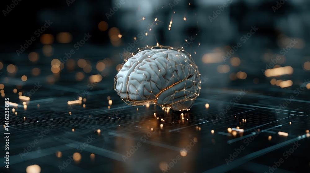 Poster a digital brain surrounded by glowing particles, illustrating innovation and technology in neuroscie