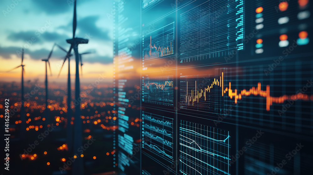 Poster visualizing trends in energy production and renewable efficiency through detailed analytics dashboar