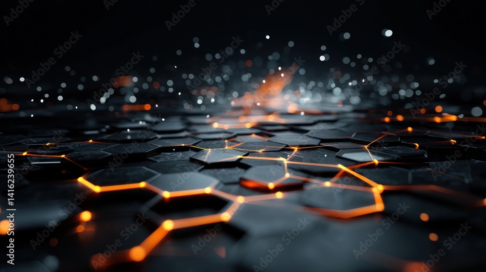 Poster a futuristic abstract digital background featuring glowing hexagonal patterns with sparks and blurre