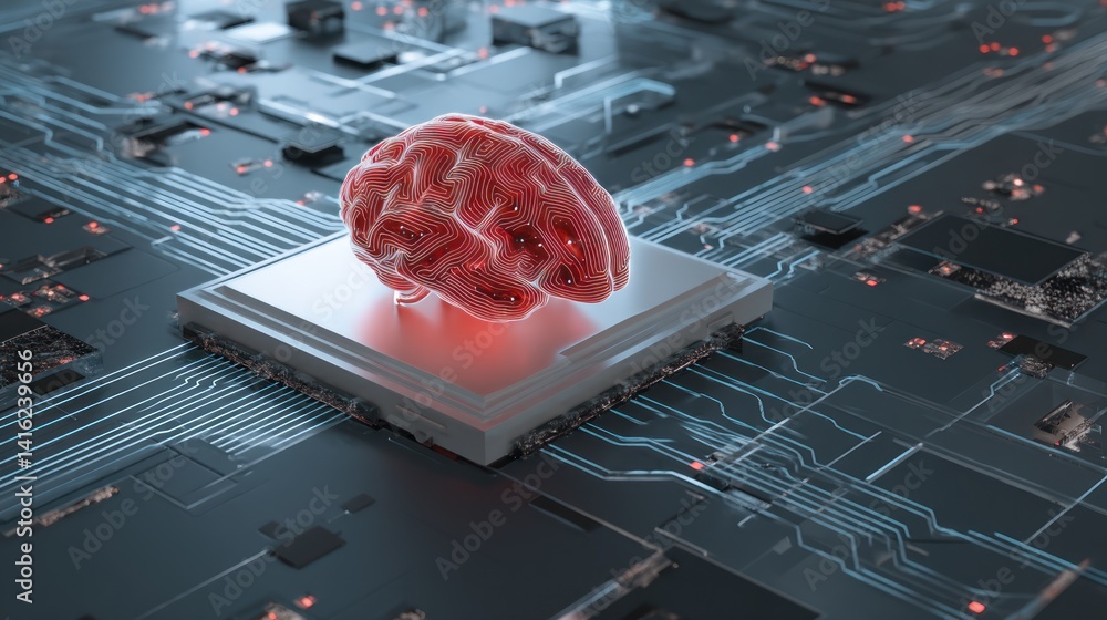 Poster a fusion of artificial intelligence and circuitry, showcasing a glowing brain on a microchip, symbol