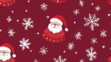30.A classic holiday pattern with delicate white snowflakes and red Santa scarf motifs, set against a smooth crimson background. The balanced composition evokes a warm and cheerful Christmas spirit,