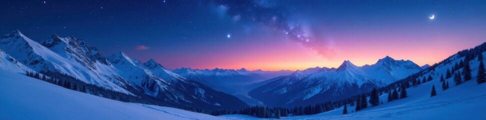 Snow-covered mountains under starry night sky, stars, cold