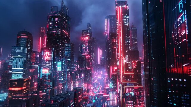 Immersive neon cityscape at night vibrant digital metropolis future urban sprawl artificial dreamscape