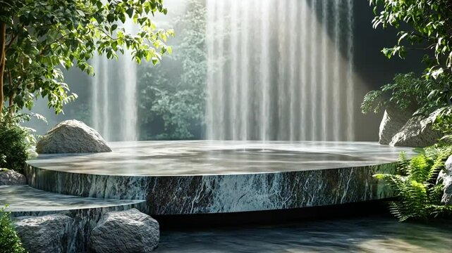 Serene escape stunning waterfall backdrop with natural stage for premium product displays and zen ambiance