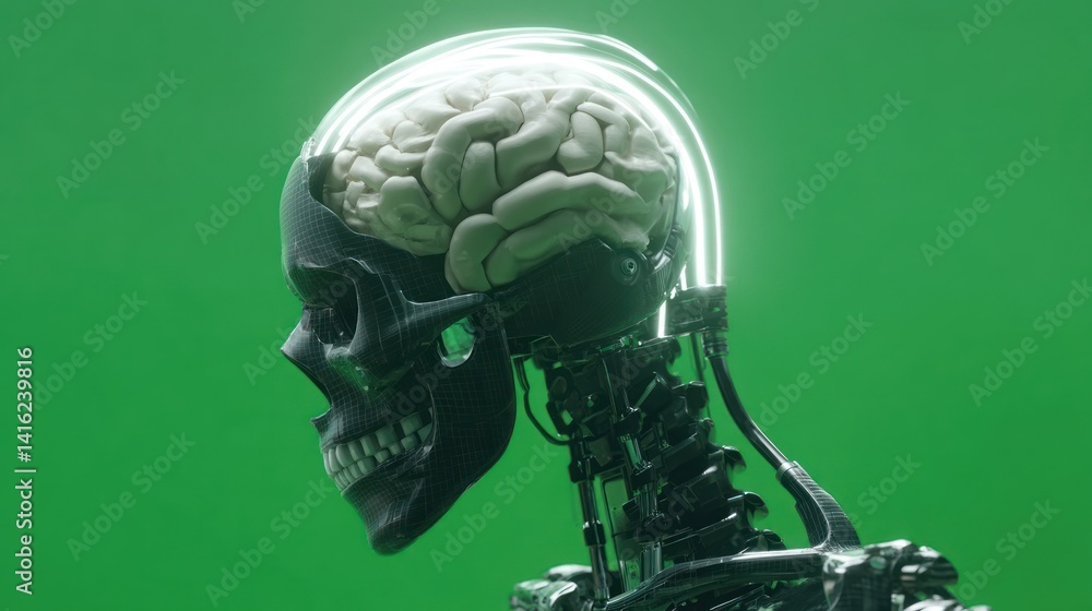 Poster a futuristic depiction of a robotic skull with a glowing brain, symbolizing the intersection of tech