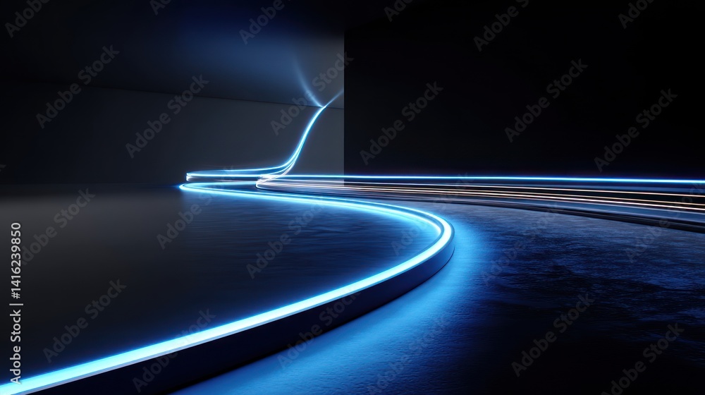 Poster a futuristic depiction of illuminated pathways in a dark environment, showcasing the interplay of li