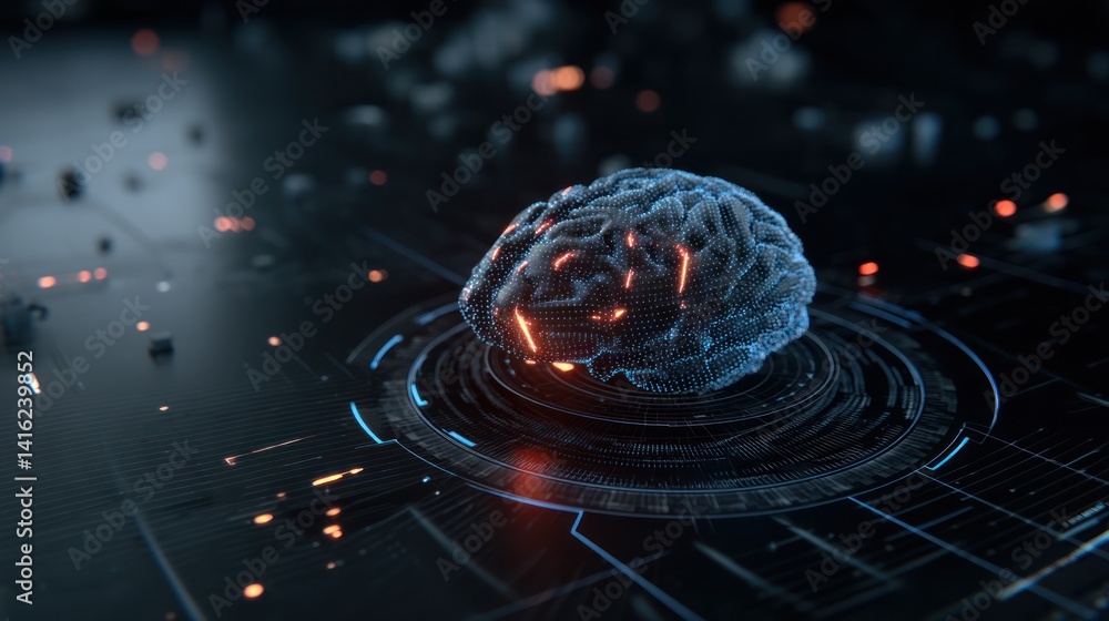 Poster a futuristic digital brain illuminated with glowing circuitry on a dark background, symbolizing adva