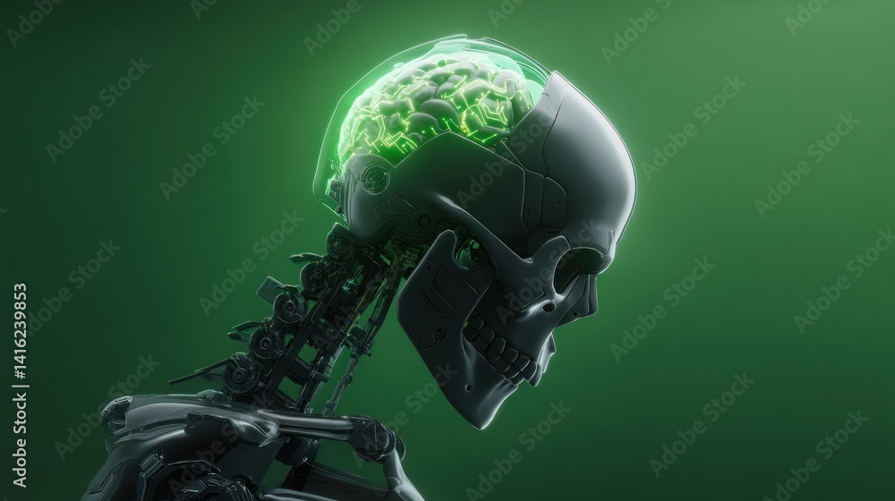 Aufkleber a futuristic depiction of a robotic head with a glowing brain against a green background, symbolizin