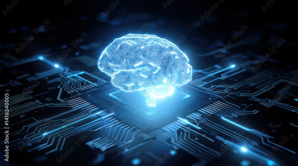 Poster a futuristic representation of a brain connected to a circuit board, symbolizing artificial intellig
