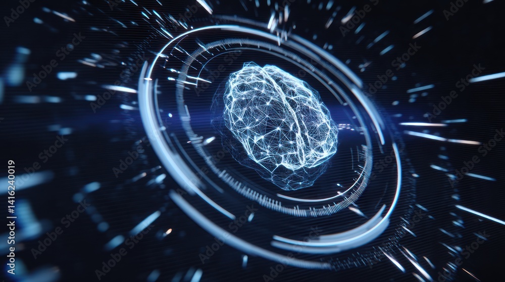 Poster a futuristic representation of a brain in digital form, surrounded by data streams and glowing eleme