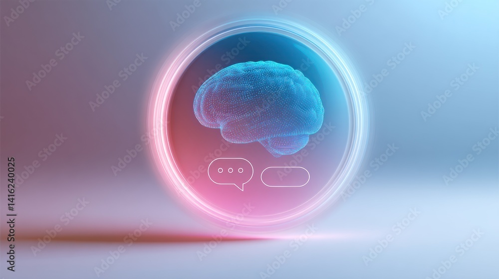 Poster a futuristic representation of a brain interacting through digital chat, symbolizing artificial inte