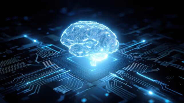 A futuristic representation of a brain connected to a circuit board, symbolizing artificial intelligence and advanced technology.